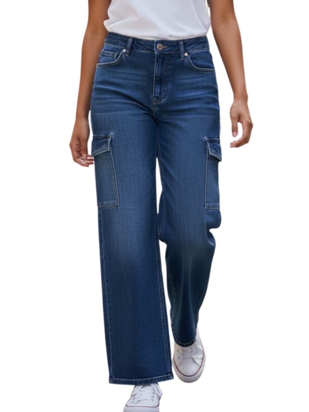 Artemis Vintage High-Rise Wide-Leg Cargo Jeans in Dark Blue Denim